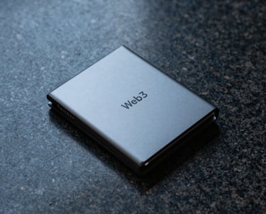 A minimalist photo of a sleek digital hardware wallet on a dark granite surface. Lighting creates soft sky blue shadows. Symbolizes Web3 and financial security.