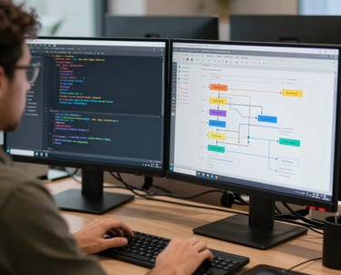 A crisp, professional photo of a Brazilian software engineer working in a modern environment with multiple screens. One screen shows complex code, the other a roadmap.
