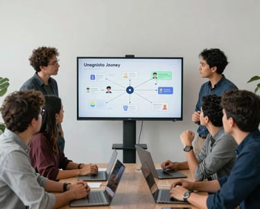 A photography of a brainstorming session in a minimalist office. A diverse group of South American professionals are looking at a screen showing a user journey map.