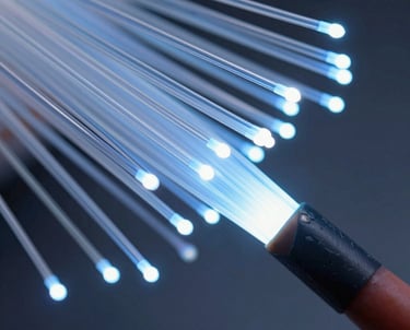 Abstract macro photography of fiber optic cables glowing with soft sky blue light, representing high-speed financial data and connectivity. Clean composition, professional lighting.