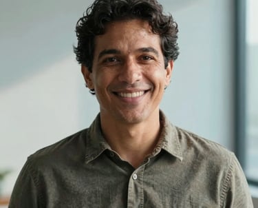 Portrait of a Brazilian professional mentor in a modern studio setting, with warm natural light and a clean, light blue background. Professional and empathetic look.