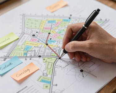 A close-up of a person's hand sketching a Story Map on a large paper sheet. The focus is on the movement and the colorful notes. Natural, bright lighting.