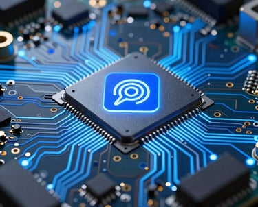 Macro photography of a high-tech circuit board with light trails in sky blue and royal blue, representing advanced digital infrastructure and smart contracts.