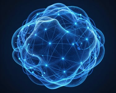 An abstract photography of a digital cloud of points forming a sphere, illuminated in royal blue and pale blue. Represents AI and neural networks. Dark, professional background.
