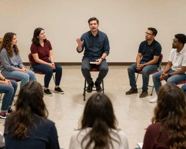 A joyful community outreach event with church members serving and smiling among neighbors.