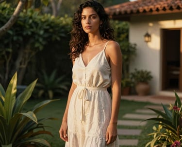 A serene South American woman standing in a lush, private Brazilian courtyard garden, wearing a soft off-white linen dress, evening golden hour lighting, cinematic and professional photography.