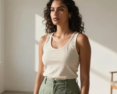 Portrait of a radiant South American woman in a sun-drenched studio, dressed in cream and muted green tones, expressing a calm strength and connection, minimalist Brazilian interior.