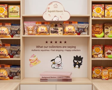 Squish Haven rare squishy collection display with Mido and kawaii collectibles