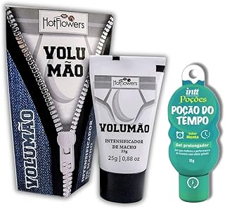 Hot Flowers Volumão male intensifier cream tube and box with Intt Poção do Tempo mint delay gel.