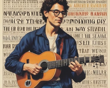 A warm, inviting workspace with colorful art prints and vinyl records scattered around.