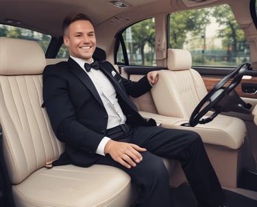 A friendly driver handing over a payment device to a smiling passenger inside a clean vehicle.