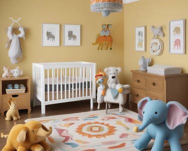 A child’s bedroom wall decorated with colorful playful printable art featuring animals and fun shapes.