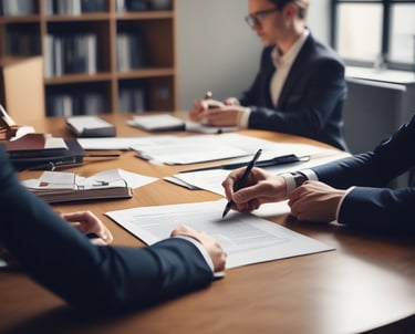 A professional lawyer consulting with clients over real estate documents in a modern office.