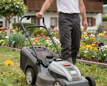 A gardener backwards pruning a lush green shrub in a sunny backyard garden.