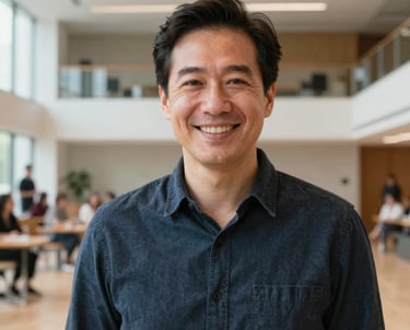 A professional headshot of a smiling theater manager in a contemporary performing arts center. The composition is clean and bright, reflecting an atmosphere of community engagement and transparency. North American context.