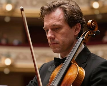 A professional headshot of a conductor or lead musician, holding a violin or baton, with a soft-focus background of a theater's warm interior. Evokes a sense of deep musical expertise and timeless elegance.