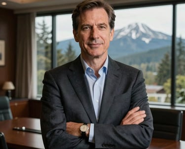 A professional portrait of an executive leader in an elegant office with Pacific Northwest architecture visible through the window. The person exudes confidence and artistic excellence. Warm lighting, sophisticated style.