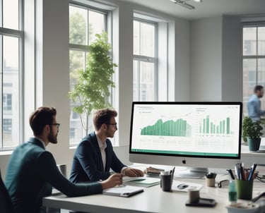 Dos analistas de negocios revisan gráficos de datos financieros en una computadora en una oficina