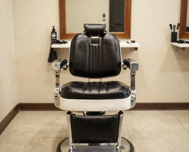 A cozy barbershop interior with vintage chairs and warm lighting.