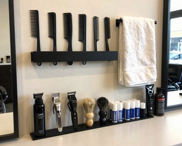 A cozy salon corner with neatly arranged styling tools and fresh towels.