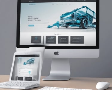 A sleek futuristic website layout glowing on a slim laptop screen in a bright, minimal workspace.