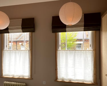 roman blinds and café voile curtain on a sash window