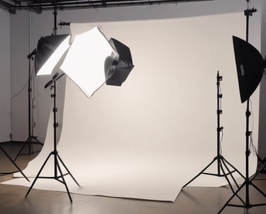 A professional photoshoot setup with diverse backgrounds and a camera capturing branding images.