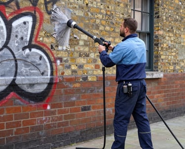 A clean, bright commercial building exterior after a power washing session.