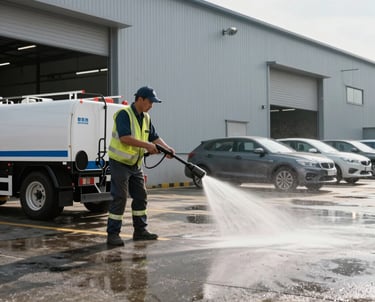A freshly power washed driveway gleaming under morning sunlight.