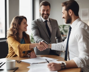 Close-up of hands shaking over a signed real estate contract on a sleek glass table.
