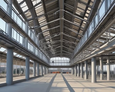 Modern civil engineering office with structural blueprints and inspection tools.