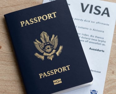 A traveler happily holding flight tickets and train passes at a cozy booking desk.