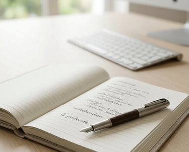 Image d'un cahier d'auteur posé sur un bureau avec ordinateur en arrière plan.