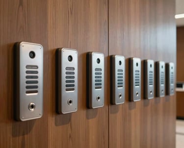 A row of modern, silver key-card readers installed along a sleek wooden paneled wall in a North American corporate lobby. The lighting is soft and warm.