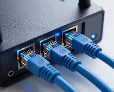 Close-up of a high-speed router with glowing blue network cables plugged in. The focus is on the lights and the quality of the connections, representing speed.