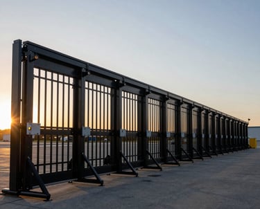 A long, high-security automated gate at the entrance of a logistics hub. The gate is sleek, black, and looks very durable. North American sunset lighting.