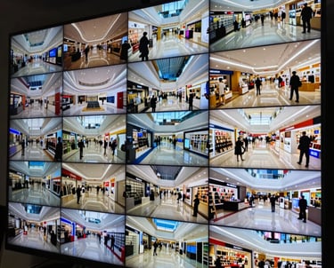 A large multi-camera monitoring screen in a professional security room. Each feed shows different angles of a retail mall. High clarity and detail.