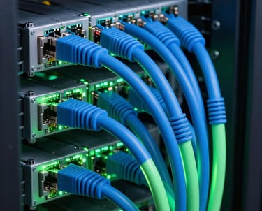 A close-up of a data center cable management system, with neon blue and green glowing cat-6 cables neatly bundled. Representing modern, organized networking.