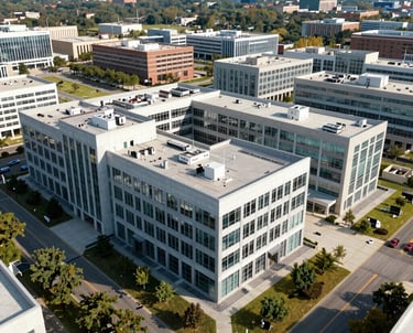 An aerial view of a corporate campus in North America. The scene is bright and highlights the importance of perimeter and facility security in a modern setting.