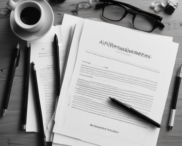 A creative workspace with legal documents, art supplies, and a laptop.