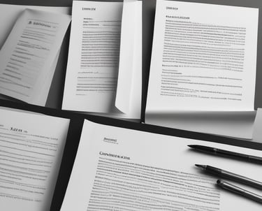 A creative workspace with legal documents, art supplies, and a laptop.