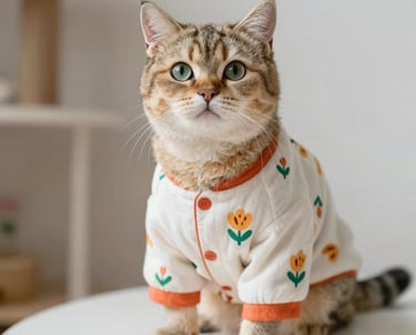 Un adorable gato atigrado con una camisa blanca de flores con ribetes naranjas está sentado 