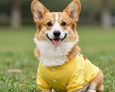 Un Pembroke Welsh Corgi sonriente, con un impermeable amarillo, sentado sobre la hierba verde 