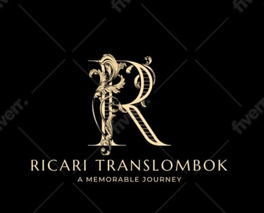 Elegant gold Ricari Translombok logo featuring an ornate serif letter R with floral scrolls on a black background.