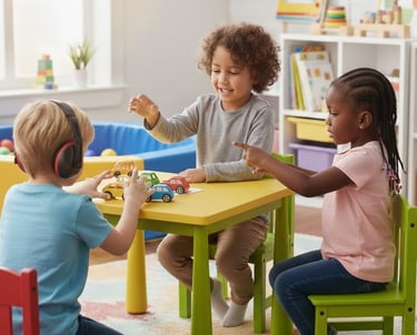 Three, two boys and a girl engaging in a group autism intervension
