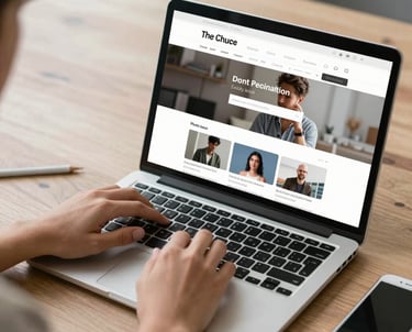 A friendly young developer working on a laptop in a bright, modern workspace.