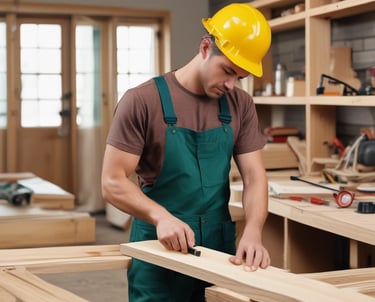 A handyman repairing a door hinge in a cozy living room.