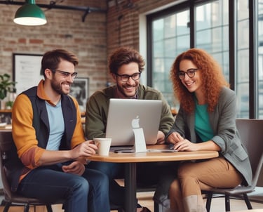 A sleek, modern workspace setup with a laptop, smartphone, and headset glowing softly against a dark abstract digital network background.