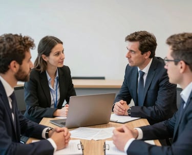 Professional business meeting with diverse professionals discussing relocation plans.