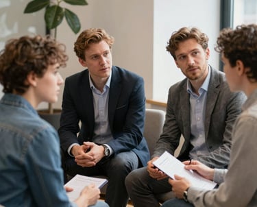 Professional business meeting with diverse professionals discussing relocation plans.